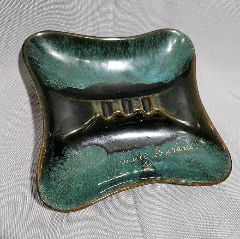 Vintage MCM Turquoise Drip Glaze Ceramic Ashtray Square Signed